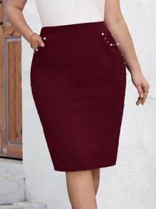 SHEIN Clasi Plus Faux Pearls Beaded Slant Pocket Skirt For Holiday - Burgundy - View 4