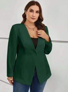 SHEIN Clasi Plus Size Nữ Thanh Lịch Đi Lại Màu Trơn Dài Tay Hở Mặt Trước Phù Hợp Với Mùa Xuân Và Mùa Thu - Màu xanh lá cây đậm - Xem 6