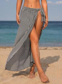 SHEIN Swim 女式条纹系带高开衩罩衫连衣裙 夏季 - 黑與白 - 查看 1