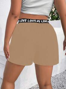 Flirla Shorts con estampado de corazones y cinta de letras de contraste para el verano en tallas grandes