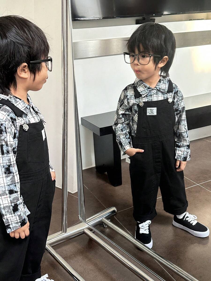 SHEIN Combo 3 món thường ngày cho bé trai: Áo sơ mi kẻ sọc (tay dài), áo thun (tay ngắn) và tổng thể họa tiết đau khổ - Nhiều màu - Xem 1