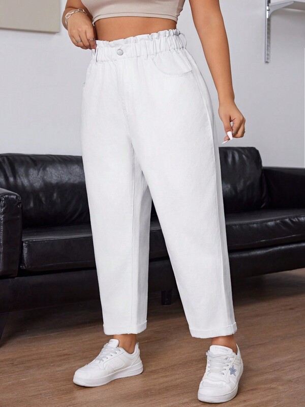 SHEIN EZwear Plus Size Women's Casual Cone-Shaped Denim Jeans With Frill Trim And Waist Insert Pockets