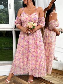 Sunnyshic Plus Size Women's Random Printed Romantic Pleated Long Dress