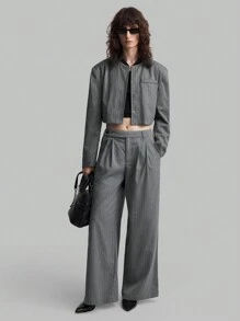 Ontre 女士灰色条纹棒球领短款夹克，秋季休闲外套 - 灰色 - 查看 6