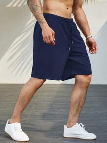 Manfinity Homme 男士素色腰部抽繩斜口袋短褲 - 藏蓝色 - 查看 7