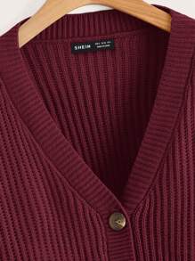 SHEIN EZwear 灯笼袖纽扣前罗纹针织开衫、长袖上衣、秋冬针织毛衣 - 紫紅色 - 查看 3