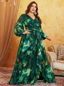 SUPGIR Abito in chiffon stampato digitalmente con manica a lanterna lunga, scollo a V, stampa floreale acquerellata, pieghe in vita, elegante e grazioso, taglie forti