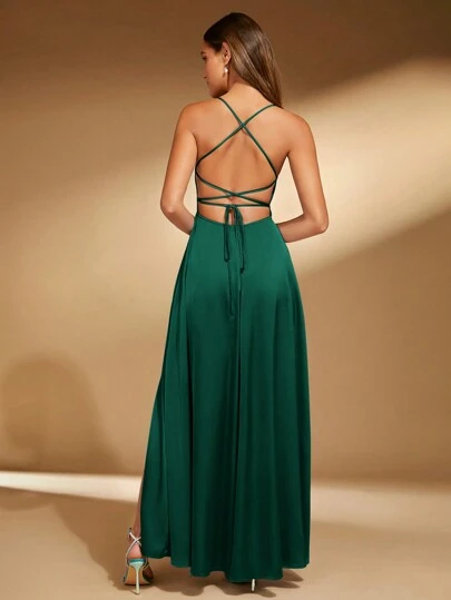 SHEIN Belle Backless High Side Slit Bridesmaid Dress With Tie Straps Elegant Dress