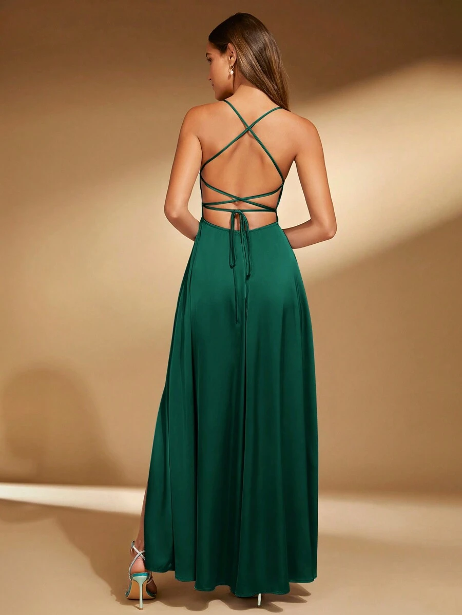 SHEIN Belle Backless High Side Slit Bridesmaid Dress With Tie Straps Elegant Dress - Dark Green - View 1