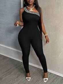 Slaydiva Geometric Pattern Printed One-Shoulder Bodycon Jumpsuit For Daily Casual Wear, Summer - Black - View 3
