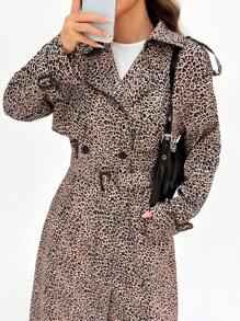 SHEIN EZwear Leopard Print Double Breasted Belted Trench Coat - Brown - View 5