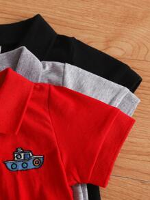 SHEIN Vintaside Kids 3pcs Baby Boy Cute Embroidered Polo Shirts With Vacation Car & Coconut Tree Pattern, Casual Tops Set - Multicolor - View 3