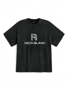 Manfinity VCAY Men's Knitted Round Neck Short Sleeve Loose T-Shirt With Printed Letters, Regular Fit, Suitable For Daily Wear In Spring And Summer, Street Style - Black - View 1