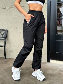 SHEIN Dewbera Damen Yoga Jogginghose Laufhose mit elastischem Bund Fitness Workout Leggings - Schwarz - Übersicht 5