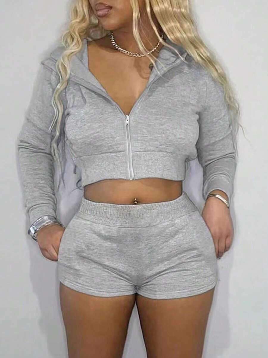 SHEIN Slayr 拉鍊束帶長袖連帽上衣和短褲組 - 灰色 - 查看 1