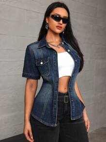 SHEIN ICON Flap Pocket Button Front Denim Jacket - Blue - View 1