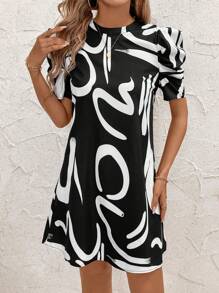 SHEIN Clasi Women's Round Neck Black And White Geometric Short Sleeve Dress, Fashionable And Sophisticated Design - Black and White - View 4