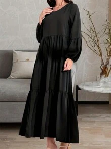 Chiquease Của phụ nữ Màu thuần Dài Tay áo lồng đèn Đầm Midi - màu đen - Xem 5