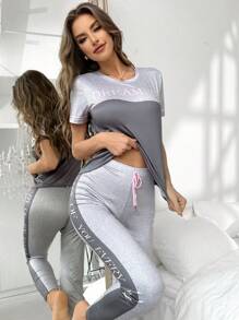 Color Block Letter Printed Casual Women's Pajama Set - Grey - View 3