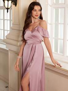 Cold Shoulder Solid Split Thigh Women Prom Dresses - Dusty Pink - View 6