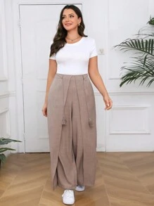 Mulvari Urlaubshose für Damen Große Größen, einfarbig mit Patchwork Quasten, weites Bein und lockerer Passform - Kamelfarben - Übersicht 4