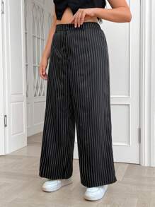 SHEIN EZwear 大尺碼女士條紋編織彈性腰款套裝褲 - 黑與白 - 查看 5