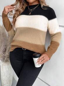 SHEIN LUNE Plus Size Women's Multi-Color Splice Round Neck Long Sleeve Sweater, Autumn Winter - Multicolor - View 5