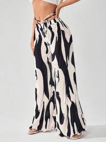SHEIN SXY 女士幾何印花闊腳鬆緊帶寬鬆休閒褲 - 黑與白 - 查看 8