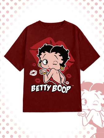 Betty Boop | ROMWE Große Größen Lässig T-Shirt mit Cartoon-Motiv und Schriftaufdruck, Sommerstil mit Raglanärmeln