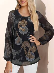 CheersLife Top tunica alla moda a manica lunga da donna, casual con collo rotondo, blusa floreale con doppio strato in maglia per una vestibilità elegante