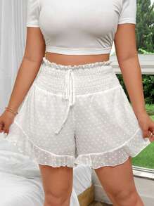SHEIN Clasi Plus Swiss Dot Tie Front Ruffle Hem Shorts - White - View 1