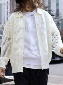 Manfinity Homme Plus Size 鞏固式針織開衫，深V領降肩針織紋開衫 - 白色 - 查看 3