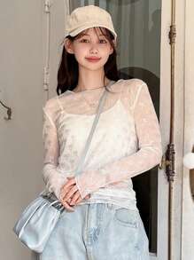 DAZY 女士春夏蝴蝶网纱透视长袖圆领上衣外出上衣长袖女上衣 - 白色 - 查看 2