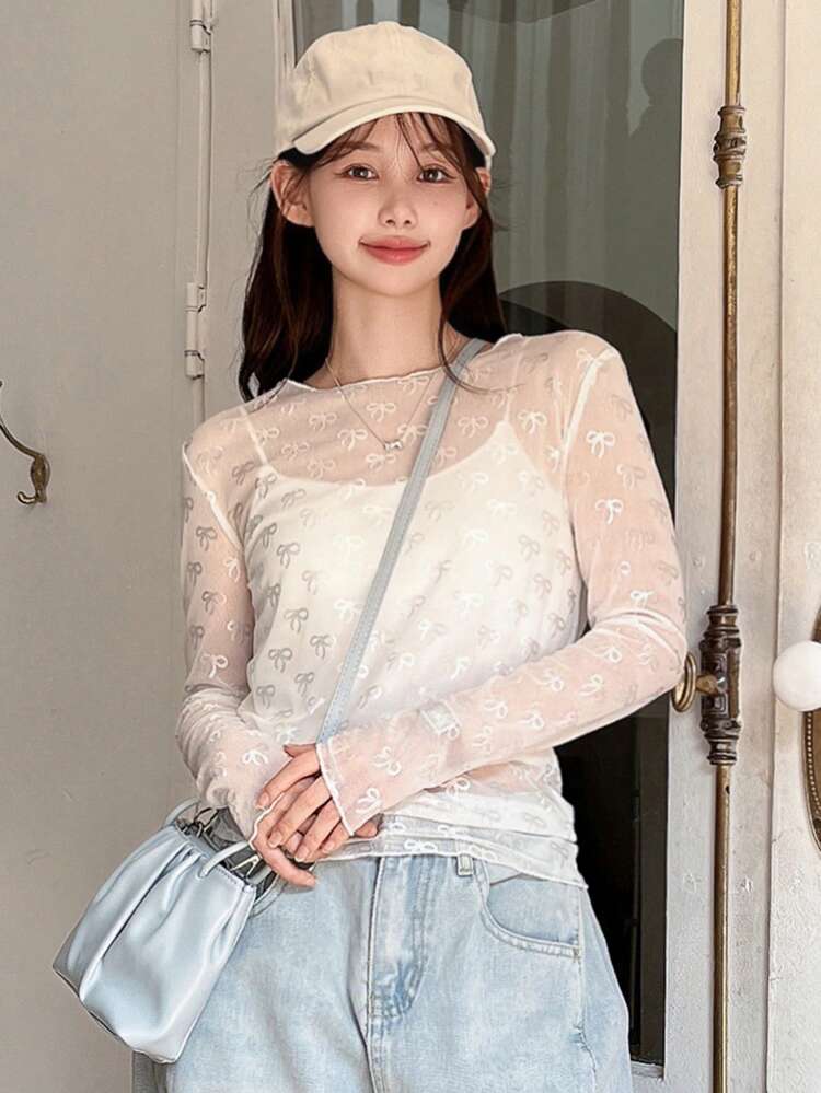 Women's Spring/Summer Butterfly Mesh Sheer Long-Sleeve Round Neck Top Going Out Tops Long Sleeve Women Tops