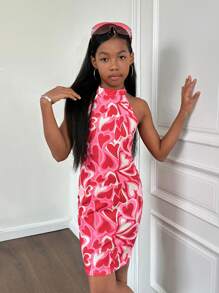 SHEIN Tween Girl's Red Heart Printed Halter Dress - Red - View 8