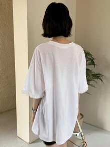 DAZY Women's Summer Oversized T-Shirt With Lace Sleeves And Bowknot Design Cute Tops,Graphic Tees - White - View 5