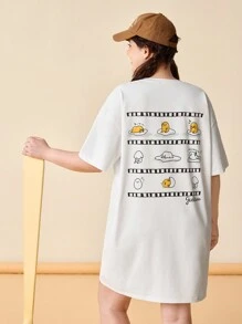 Gudetama X SHEIN 大尺碼休閒舒適寬鬆落肩白色T恤裙，印有蛋黃印花，適合夏季 - 白色 - 查看 6