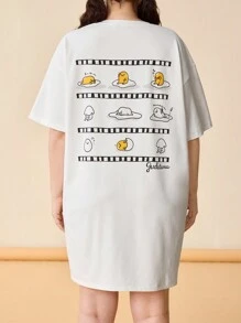 Gudetama X SHEIN 大尺碼休閒舒適寬鬆落肩白色T恤裙，印有蛋黃印花，適合夏季 - 白色 - 查看 2