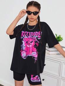 SHEIN Teen Nữ Họa Tiết Gấu Đen Graffiti Chữ Rời Áo Thun Và Quần Đi Xe Đạp Thể Thao Dạo Phố Casual 2 Bộ - màu đen - Xem 3