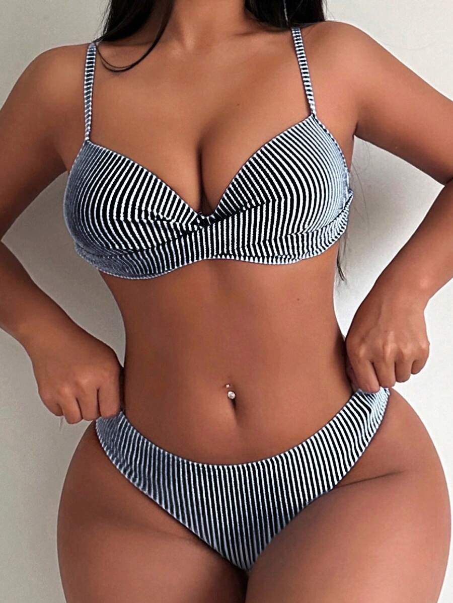 SHEIN Swim Women's Striped Cross Front Bikini Set For Summer Beach - Black and White - View 1