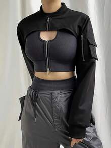 Eilly Bazar Chaqueta corta con cremallera y mangas largas de moda para moto - Negro - Ver 4