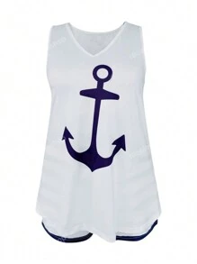 2pcs Set: V-Neck Casual Anchor Print Tank Top + Elastic Waist Striped Classic Design Beach Vacation Travel Wear, Plus Size, Spring/Summer