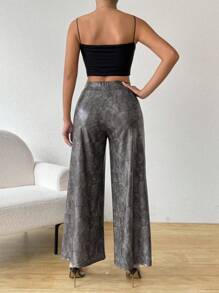 SHEIN Essnce Pantalones de pierna ancha casuales de verano para mujer, pantalones palazzo sólidos y aleatorios estampados con estilo simple y largos para uso diario, atuendos para maestras, ropa para el 4 de julio - Café integral - Ver 7