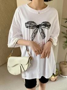 DAZY Women's Summer Oversized T-Shirt With Lace Sleeves And Bowknot Design Cute Tops,Graphic Tees - White - View 8
