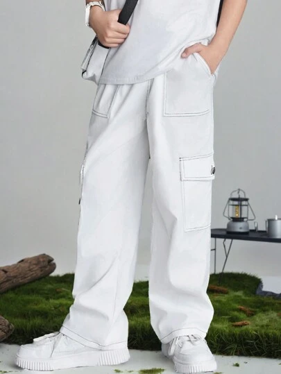 SHEIN 1 Piece Teen Boys' Casual Versatile Loose Fit Colorblock Line Decoration Woven Straight Pants, Suitable For Outings