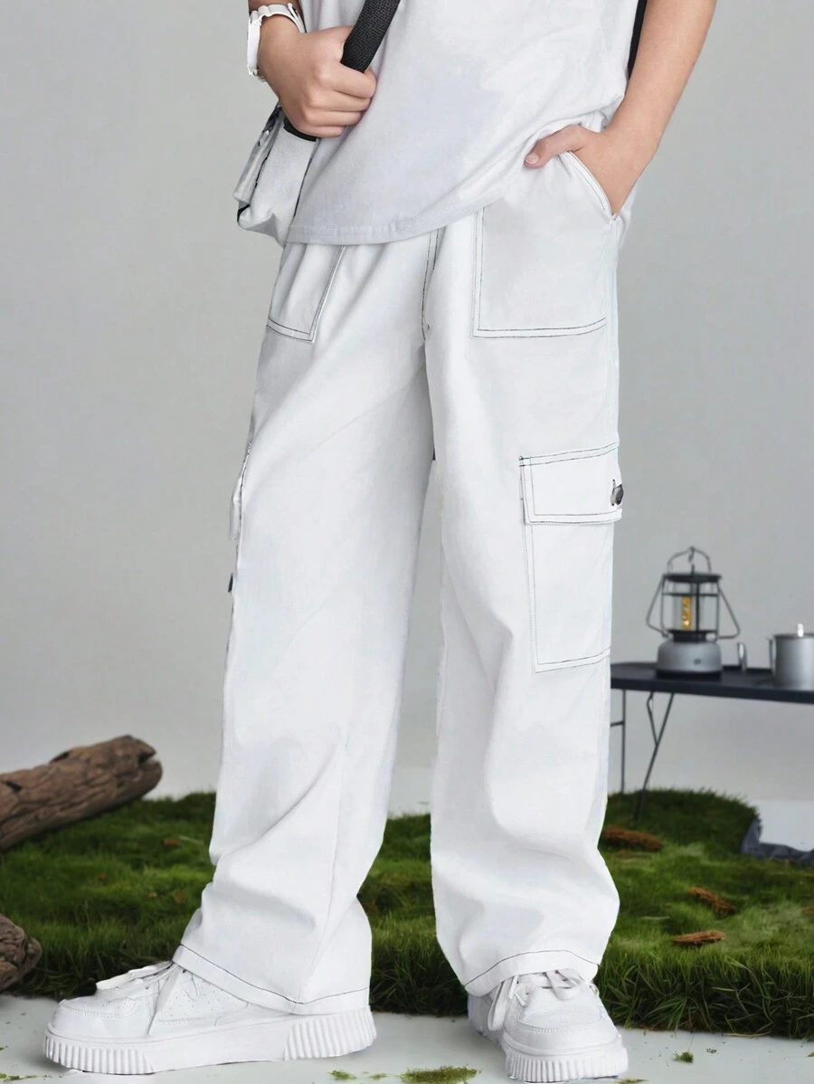 SHEIN 1 Piece Teen Boys' Casual Versatile Loose Fit Colorblock Line Decoration Woven Straight Pants, Suitable For Outings