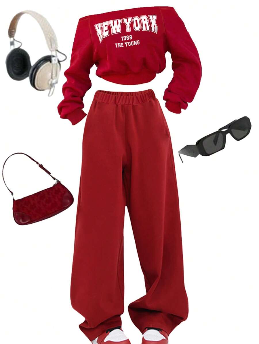 SHEIN Explorewe 青少年女孩休闲街头服饰炫酷学院风露肩运动衫和运动裤套装，适合圣诞节 - 紅色 - 查看 1