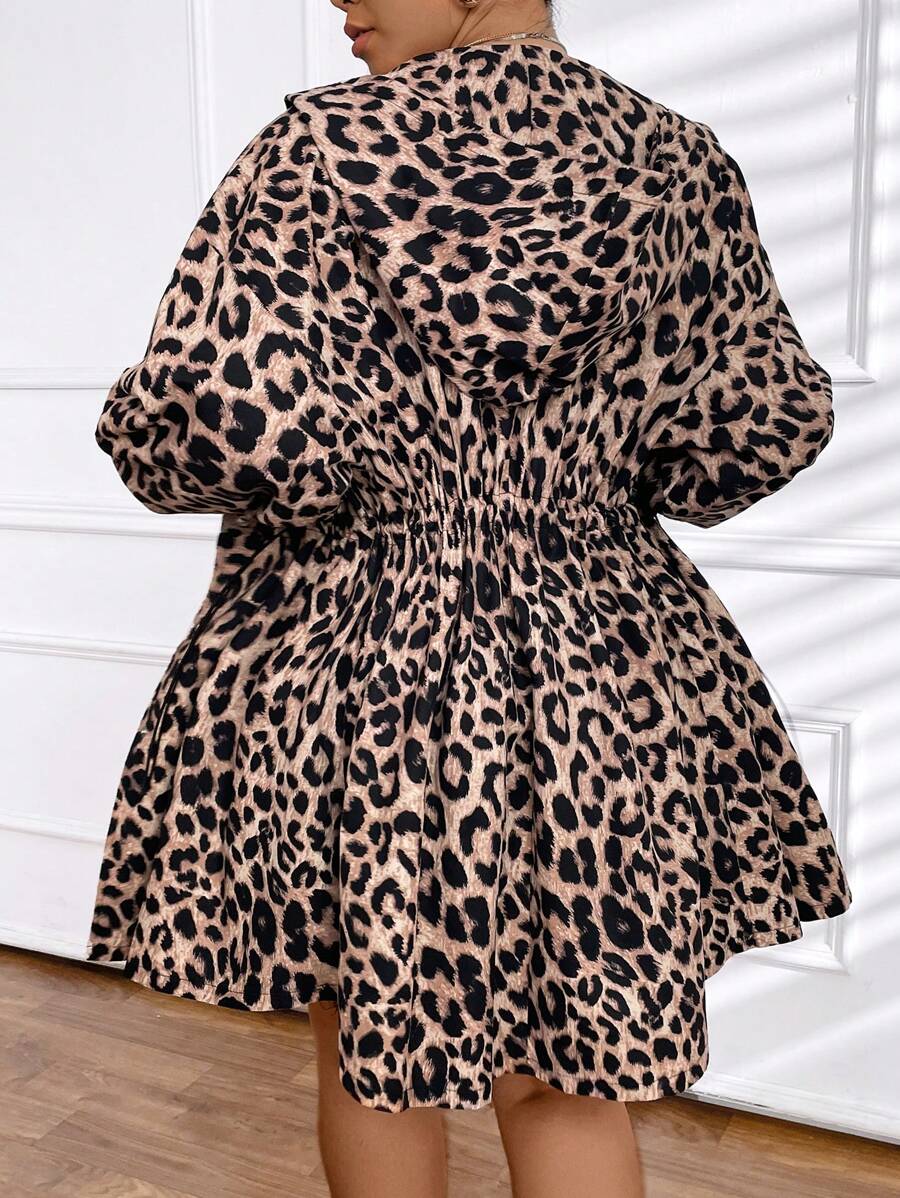 SHEIN EZwear Plus Size Women's Loose Leopard Printed Hooded Long Sleeve Jacket For Spring And Autumn - Black - View 1