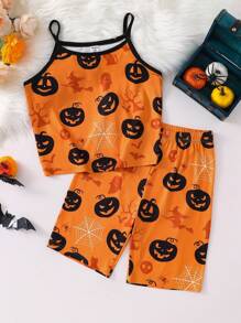 Bộ đồ ngủ áo ba lỗ và quần short in họa tiết Halloween cho bé gái tuổi mới lớn, dành cho tiệc Halloween - trái cam - Xem 1