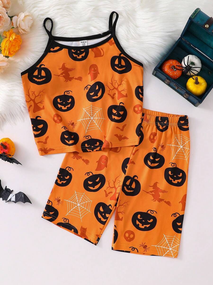 Bộ đồ ngủ áo ba lỗ và quần short in họa tiết Halloween cho bé gái tuổi mới lớn, dành cho tiệc Halloween - trái cam - Xem 1